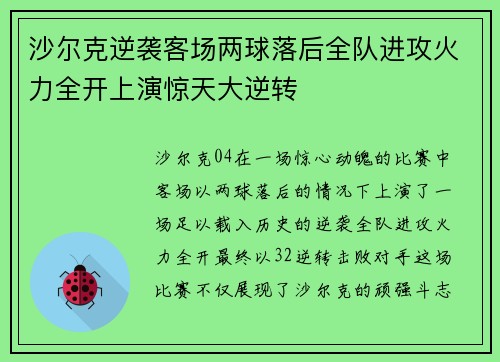沙尔克逆袭客场两球落后全队进攻火力全开上演惊天大逆转