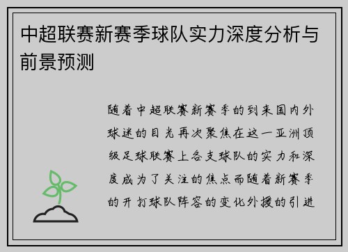 中超联赛新赛季球队实力深度分析与前景预测