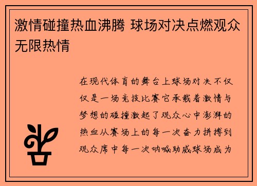 激情碰撞热血沸腾 球场对决点燃观众无限热情