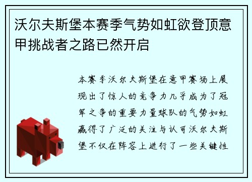 沃尔夫斯堡本赛季气势如虹欲登顶意甲挑战者之路已然开启