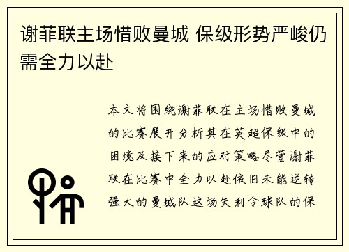 谢菲联主场惜败曼城 保级形势严峻仍需全力以赴